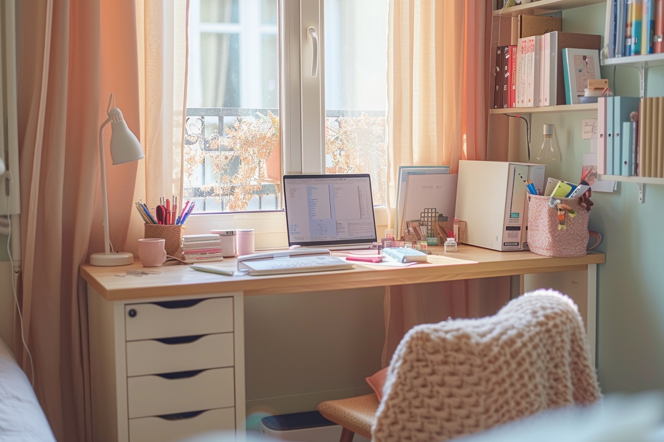 Idées pour aménager un coin bureau fonctionnel et compact dans un petit appartement à Cergy avec étagères et bureau ergonomique.